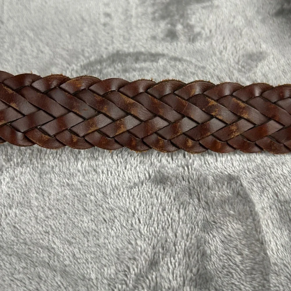 Mens Brown Braided Genuine Leather Belt Silver Buckle Size XL Woven 51 Inch